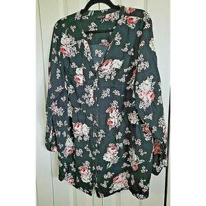 Torrid 3 Top Black Pink Green Floral‎ Button Front Long Sleeve Blouse 3X 24/26